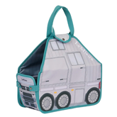 Children's bag with truck design and teal handle on a white background